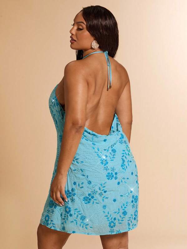 SHEIN BAE Plus  Size Pure Blue Floral Beaded Elegant Halter Mini Dress For Spring/Summer, Embellished Beaded 3D Flower Dress Suitable For Vacation, Beach, Music Festival, Birthday, Brunch, Wedding Guest Attire,Party Dress,Fall Women Clothes,Halloween,Back To School Clothes,School Clothes,Christmas,Winter,Summer Dresses For Women,Wedding Guest Dress Women Curve,Plus Size Dresses,Birthday Outfits For Women,Vacation Outfits Woman,Formal Dresses For Women,Western Wear Women