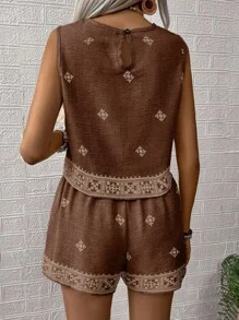 SHEIN LUNE 2pcs/Set Women Summer Floral Print Round Neck Sleeveless Shirt & Shorts Casual Set - Brown - View 2