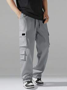 Manfinity Hypemode 男士秋季多口袋抽绳腰直筒休闲裤 - 淺灰色 - 查看 4