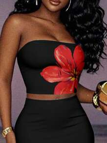 Slaydiva 女式休闲花卉图案简约短款吊带背心和长款紧身裙套装，夏季