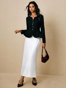 Poéselle Áo khoác len cardigan thanh lịch có nút vàng – Áo khoác len dài tay ôm sát dành cho nữ, Áo khoác len cardigan nút vàng, Áo khoác len cardigan ôm sát dành cho nữ, Đồ dệt kim thanh lịch, Áo khoác len cardigan có cấu trúc, Áo peplum dành cho nữ vào mùa thu/đông - màu đen - Xem 6