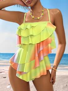 Swim Vcay Women's Fresh & Romantic Multi-Layer Ruffle Rainbow Ombre Print One Piece - Lime Green - View 3