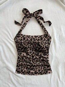Soleia 2pcs Leopard Print Ruched Halter Top Leopard Print Top Animal Print Top Leopard Print Tie Top Animal Print Tie Top Suitable For Going Out - Multicolor - View 3