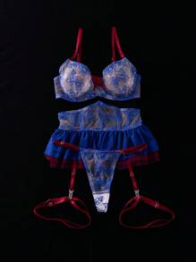 SHEIN 5pcs Women Sexy Lingerie Set: Embroidered Underwire Bra, Embroidered Corset With Garter Belt, Puff Skirt, Leg Rings, Thong - Multicolor - View 5