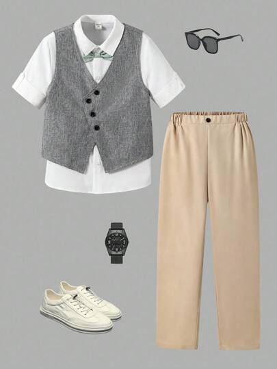 3-Pack Tween Boy Casual Sports College With Bow Decoration And College Vest And 3/4 Sleeve Lapel Shirt With Adjustable Sleeve Loops And Suit Trousers. Suitable For Children's Clothing, Toddler Boy Clothes, Back To School Boy Suits. Suitable For Birthday Parties, Evening Parties, Performances, Weddings, Baptisms, Opening Ceremonies, Daily. Suitable For School. Suitable For Travel. Suitable For Vacation. Suitable For Spring And Summer Suitable School Clothes For Teens Back To School Clothes
