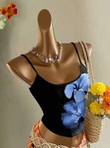 SHEIN EZwear Vintage Style Vacation Blue Floral Print Sexy Spaghetti Strap Women Tank Top, Suitable For Summer Flower Tank Top Suitable For Going Out - Multicolor - View 11