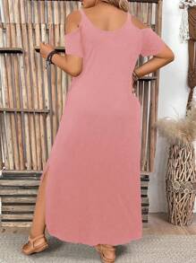 EMERY ROSE Plus Size Off-Shoulder Short Sleeve Slit Side Pockets Maxi Dress, Casual Summer Dress, Black Dress, Summer Women Outfit, Maxi Dress - Pink - View 2