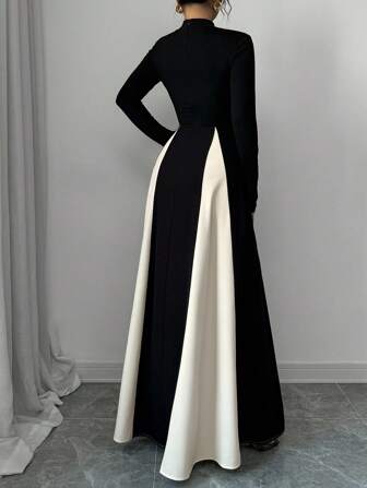 Rafferiza European And American Style Color Block Long Sleeve A-Line Flare Dress, Waist-Cinching Design For A Slimming Look, Autumn/Winter Maxi Women Outfit