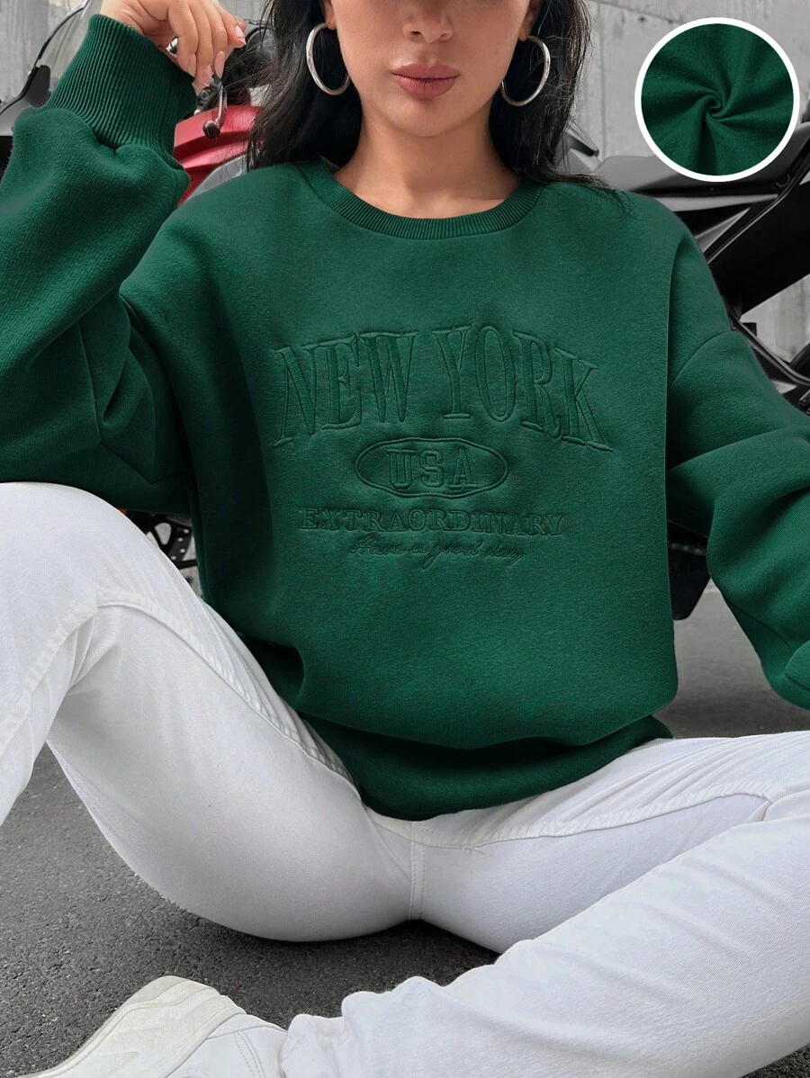 Cottnline Cotton Letter Embroidery Drop Shoulder Thermal Lined Sweatshirt - Dark Green - View 1