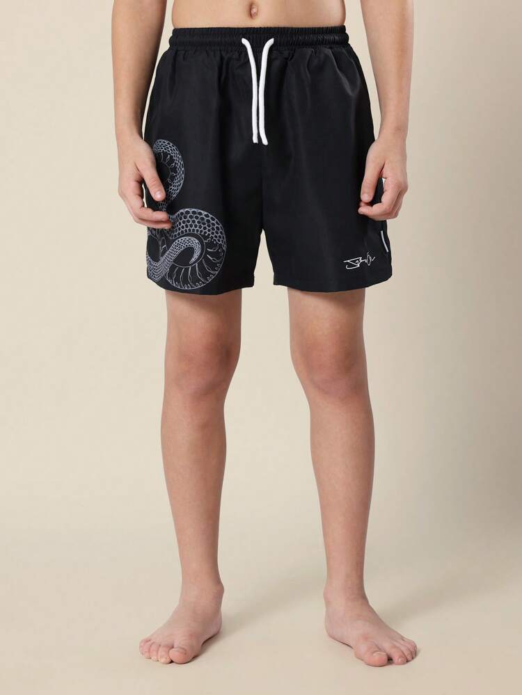 スネークプリントとウエスト調節機能付き、ティーンボーイズボードショーツ