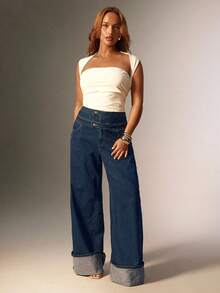 Denimoi Jeans in denim a vita alta con vita arricciata e gamba larga taglie comode