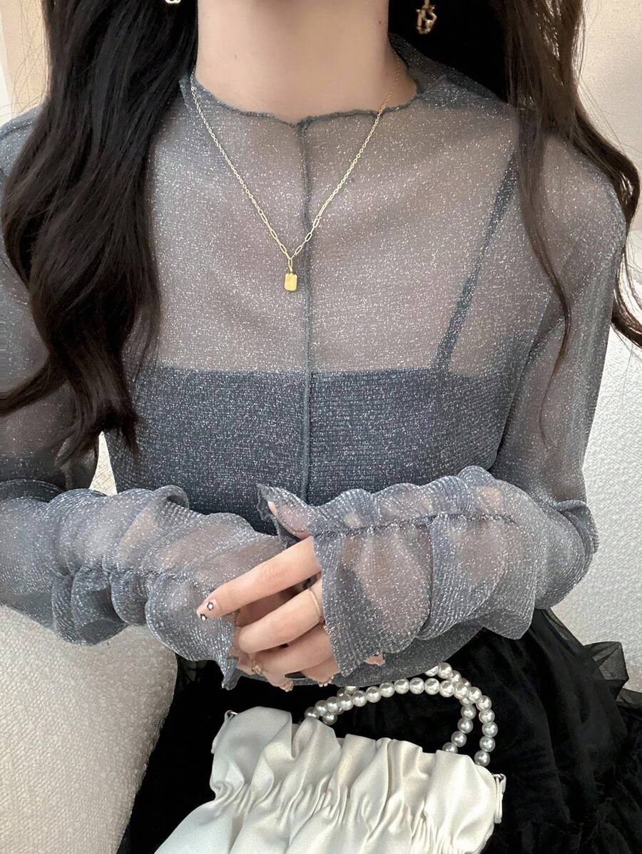FRIFUL Women's Casual Slim Fit Sheer Mesh Layered High Neck Long Sleeve Blouse With Ruched Cuffs, Versatile For Autumn - Grey - View 1