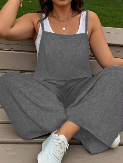 EMERY ROSE 大码方领牛仔效果纹理连体裤，休闲装