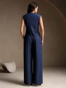 Anewsta 优雅法式女装两件套：无袖背心和阔腿裤 - 藍色 - 查看 3