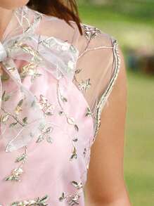 Vintamour 复古优雅刺绣网纱蝴蝶结休闲工作夏季上衣，适合夏季、春季、复活节等各种场合，包括夏季、度假、商务休闲、可爱、春季、办公室、外出、花卉、复活节、夏季、生日等各种场合。 - 藕粉色 - 查看 7