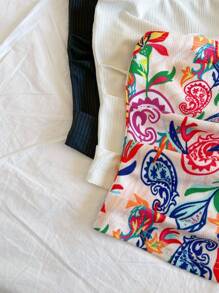Soleia Conjunto de 3 piezas de top tubo de punto acanalado en color negro y albaricoque, con estampado de paisley colorido, para mujer talla grande, para vacaciones - Multicolor - Ver 4