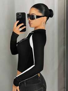 SHEIN ICON 女士短款立领撞色拼接装饰上衣 - 黑色 - 查看 4