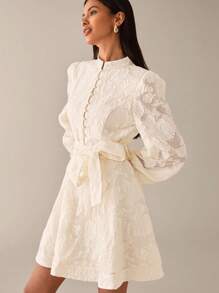 Lilora Elegant Sweet Jacquard Texture Premium Quality Stand Collar Cinched Waist Big A-Line Front Button Puff Lantern Sleeve Short Women's Dress, Spring/Summer Creme Dress Victorian Vintage Style Dress French Style Dress Ivory Dress Urban Style - Beige - View 7