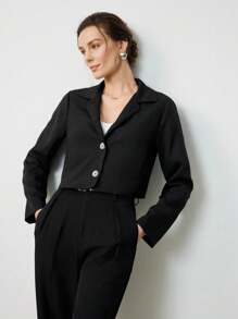 Uhlyne Women's Solid Color Short Jacket With Lining, Versatile For Autumn,Autumn,Minimalist,Business Casual,Holiday Outfits,Work Wear,Teacher Outfits,Back To School,Fall,Old Money Style - Black - View 5