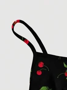 SHEIN MOD 休闲简约褶饰腰部摆下摆吊带连衣裙，喇叭下摆，樱桃印花，适合夏季 - 彩色 - 查看 3