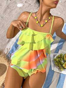 Swim Vcay Women's Fresh & Romantic Multi-Layer Ruffle Rainbow Ombre Print One Piece - Lime Green - View 5