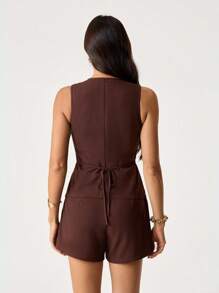 SHEIN Tall 女士休闲夏季商务前扣背心短裤套装秋冬 - 棕色 - 查看 2