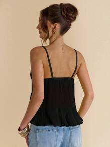 SHEIN BAE 女士纯色深V领黄色/柔黄色蕾丝拼接宽松雪纺蕾丝吊带背心、节日吊带背心、荷叶边蕾丝吊带背心、沙滩节日吊带背心、音乐节背心、春夏 - 黑色 - 查看 2