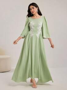 Modelyn Elegant Crew Neck Lace Applique Big Cuffs Asymmetrical Hem Waisted Women Dress, Spring/Summer - Green - View 8