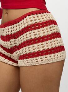 SUMWON WOMEN شورت كروشيه مخطط للشاطئ, شورتات كروشيه مرتفعة الخصر, ملابس شاطئية لأعياد أعراس جزر الصيف والعطلات في هاواي, رداء للسباحة مصنوع من الكروشيه