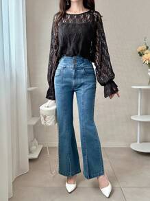 FRIFUL Camiseta holgada de encaje transparente con mangas acampanadas en color albaricoque, para primavera/verano - Negro - Ver 2