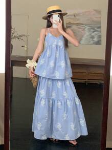 DAZY 2件套女士度假风格细肩带背心和裙子套装 - 藍色 - 查看 6