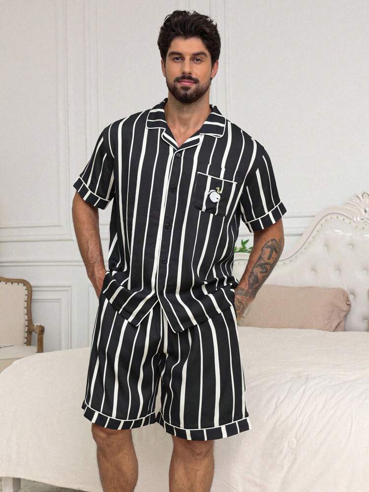 Striped Panda Embroidery Shirt With Men's Home Casual Set, Summer Pajama