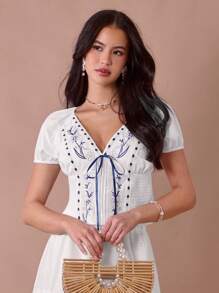 Áo cánh thắt eo thêu hoa giản dị cho kỳ nghỉ - Nhiều màu - Xem 8