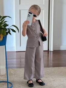 SHEIN 年轻女孩通勤休闲纯色梭织无袖圆领上衣和直筒裤套装，法式 - 卡其色 - 查看 2