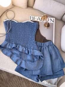 GlowEve 2pcs Women Asymmetric Ruffle Hem Elegant Top And Pants Set - Blue - View 2