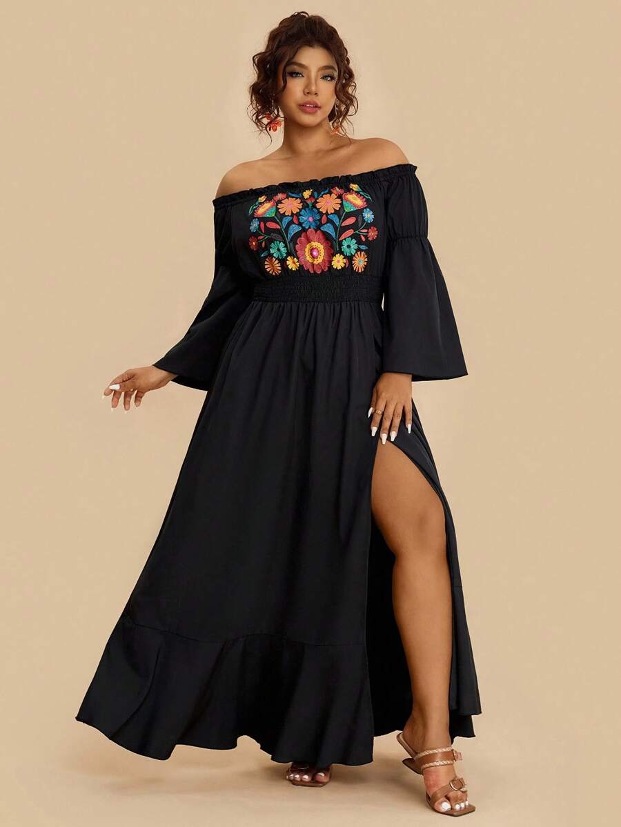 SHEIN VCAY Plus Size Women Floral Print Off-Shoulder Long Sleeve Flare Sleeve Front Split Maxi Dress, Casual/Resort - Black - View 1