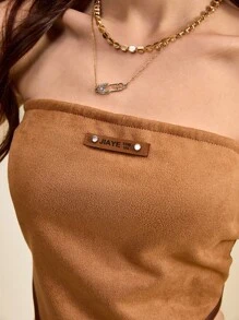 SHEIN Unity Women's Stretch Suede Colorblock Trim Bandeau Top Fall Country Concert - Brown - View 9