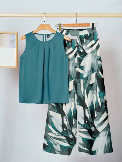 SHEIN Clasi Set de 2 piezas de mujer con estampado floral minimalista y casual, adecuado para verano. Conjunto de verano de mujer apropiado para salir