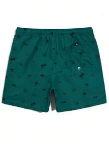 Surfspeed 男士夏季休闲椰子树印花抽绳腰沙滩短裤 蓝绿色泳裤 男士沙滩装 男士绿色泳裤 绿松石色泳裤 男士泳裤 - 墨綠色 - 查看 2