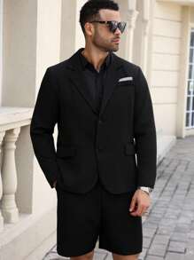 Manfinity Mode 2pcs/Set Men's Plus Size Casual Long Sleeve Blazer Jacket And Shorts Set - Black - View 5