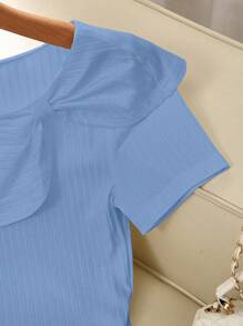 SHEIN Clasi T-shirt décontracté pour femme, couleur unie, col asymétrique, été - Bleu azur - Voir 5