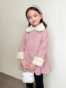 SHEIN 秋冬少女双面羊毛人造毛领系带夹克 - 紅白色 - 查看 6