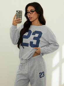 SHEIN PETITE 2件套女士休闲数字印花长袖上衣和长裤套装