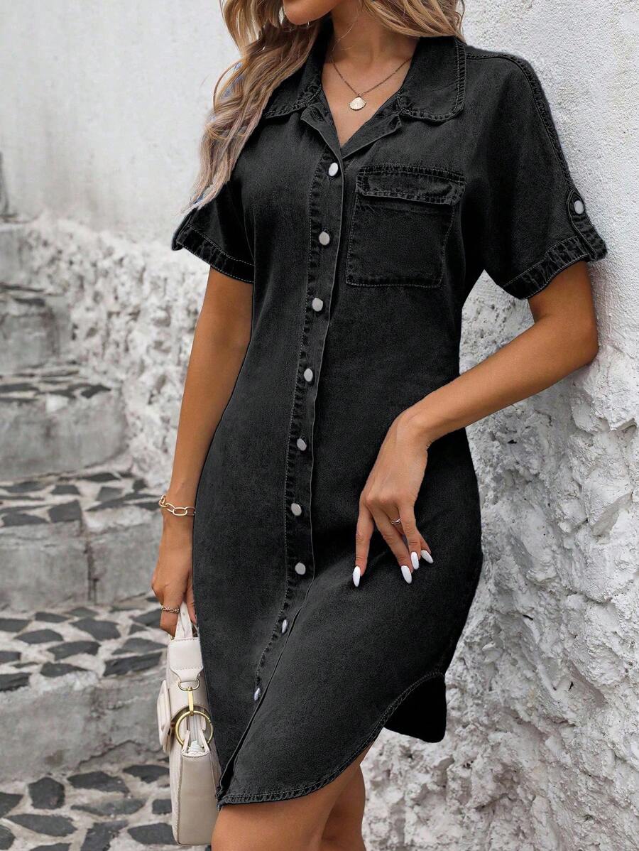 EMERY ROSE Women's Casual Denim Dress With Short Sleeve, Single-Breasted Pocket Design - Dark Grey - View 1
