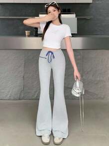 SHEIN Pantaloni evazați cu talie și șnur pentru fete adolescente, pantaloni skinny gri lungi, cu talie evazată, cu șnur, pentru primăvară/toamnă, casual, cu șnur, stil casual de zi cu zi