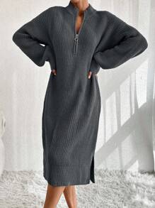 EURMUSE Damen Strickkleid mit Reißverschlussdetail - Dunkelgrau - Übersicht 3
