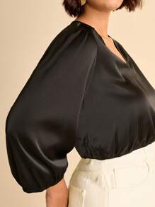 CAJUNI Plus Size Women's Elegant Black Mandarin Collar Loose Shirt,Autumn Formal Dinner Evening Tops,Simplistic Bohemian Casual Country Clothes - Black - View 7