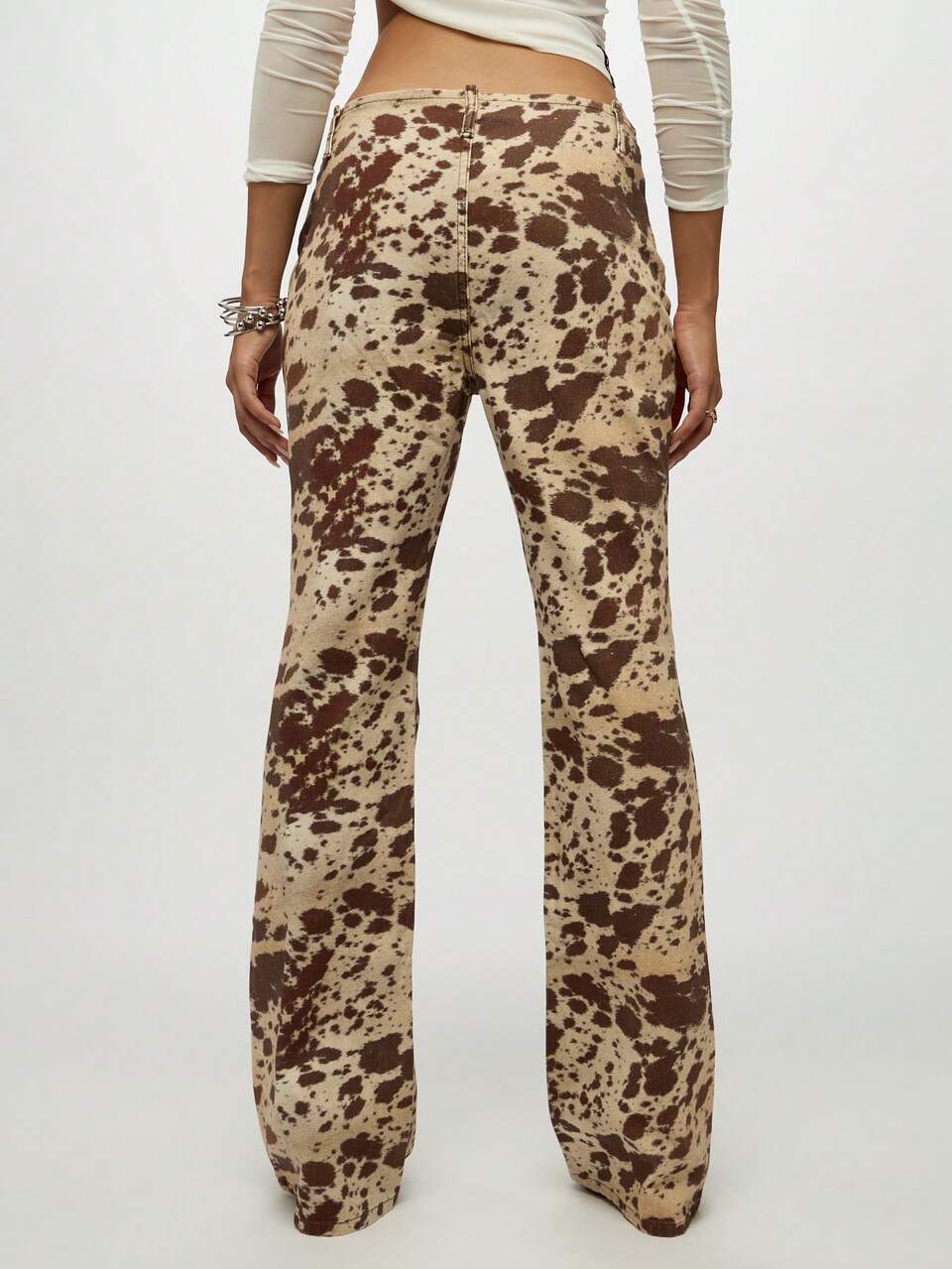 SUMWON WOMEN Cow Print Flare Jeans With Lace Up Front Detail