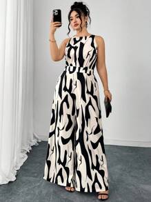 Ellevyn Bộ đồ liền thân ống rộng in họa tiết bó sát, thoải mái, thường ngày cỡ lớn mùa hè dành cho nữ - Đen và trắng - Xem 8