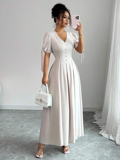 Elenzga Vestido elegante de mujer de uso versátil casual o para vacaciones, con diseño de cintura con moño, mangas abullonadas y botones decorativos fruncidos